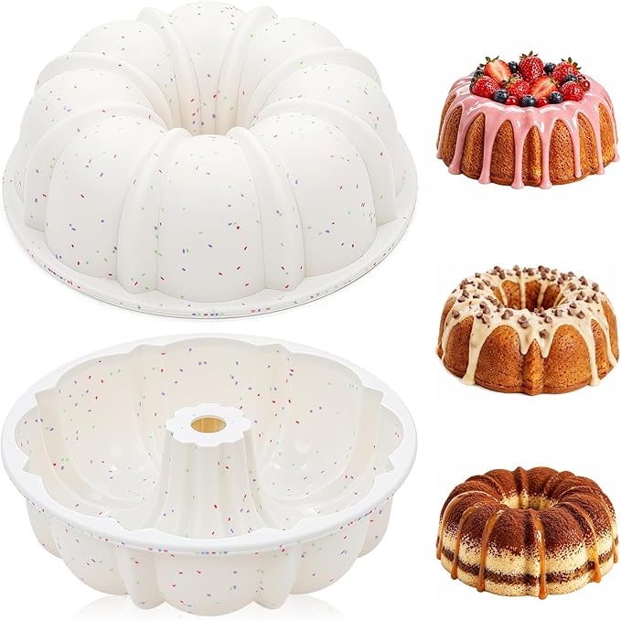 Vinino 9.5 Inch Silicone Fluted Tube Cake Pan with Metal Reinforced Frame, Pound Cake Pan Mold, BPA Free Silicone Bakeware for Cake, Bread, Jello, Gelatin, Flan, 2 Pack