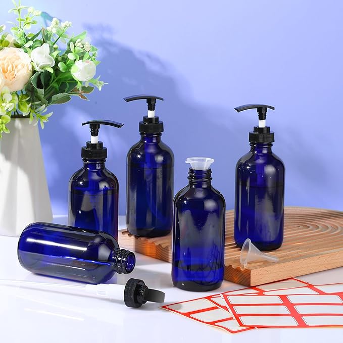Tanlade 24 Pcs 8 oz Glass Pump Bottle Empty Bottle Glass Soap Dispenser with Pump Refillable Containers and Labels Funnels for Essential Oils Cleaning Products Lotions Conditioner(Blue)