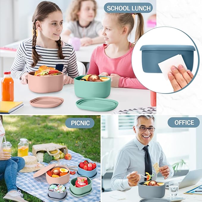 Blushtier 12 Pcs Silicone Food Storage Containers with Lids Reusable Silicone Snack Container 3 Size Silicone Lunch Box Bento with Lids Freezer Dishwasher Safe,6.7oz, 10oz, 20oz(Mo Landi Color)