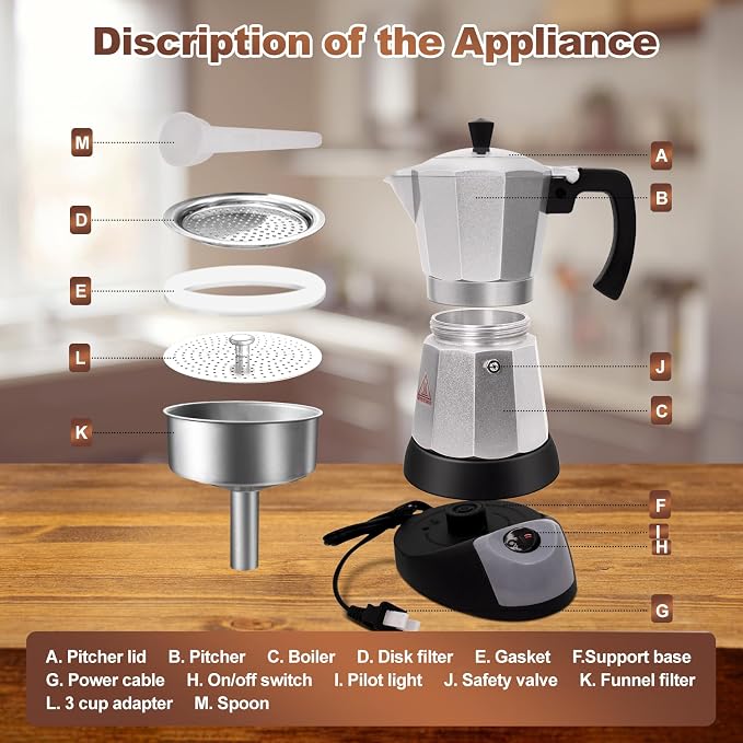 Electric Aluminum Moka Pot 3-6 Cup 150-270ml Espresso Maker with Detachable Base Ideal Coffee Makers for Home MochaPot Italian and Cuban Café Coffeemaker Espressomaker CoffeePot Silver