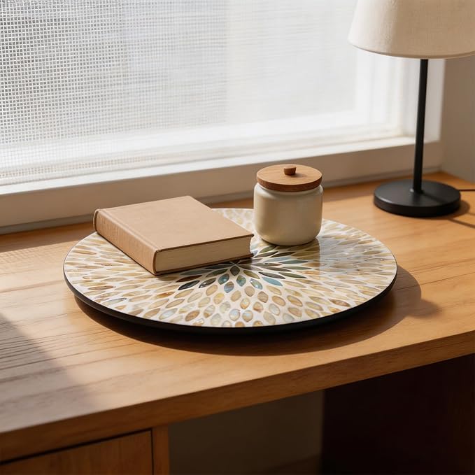 13.4" Mother of Pearl Lazy Susan, Table Centerpiece Round Shell Decorative Lazy Susan Turntable Rotating Tray Organizer for Cabinet Counter Gift Kitchen Office Cafe Home Decor (Beige Blue)