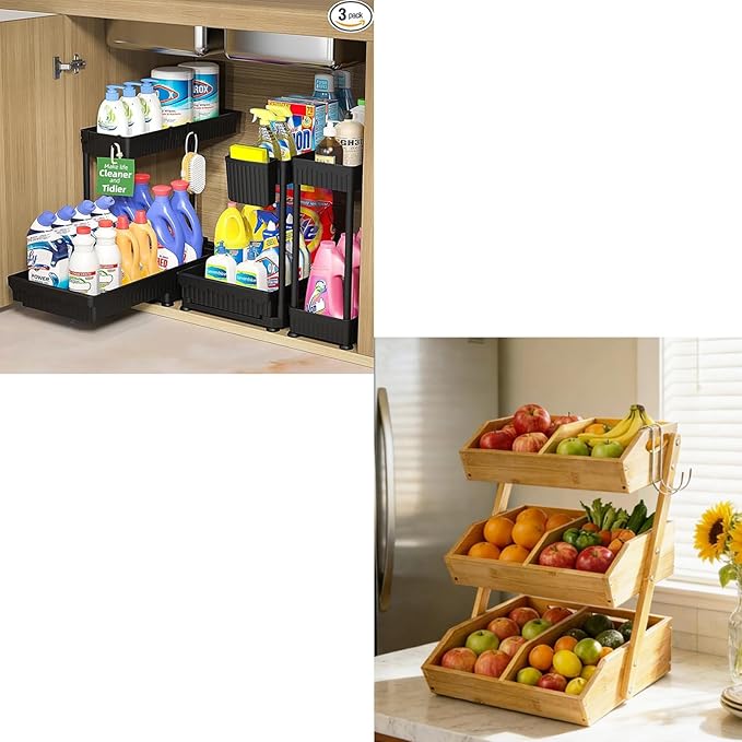 Sevenblue 3 Tier Wooden Fruit Basket with 2 Mobile Banana Holders, 3 Pack L-Shaped Pull Out Under Sink Organizers