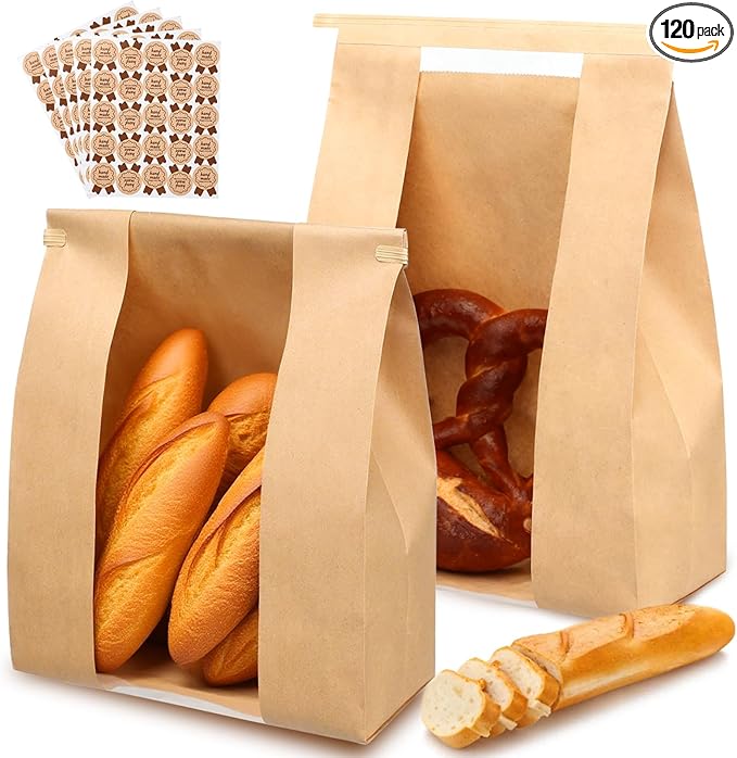 120 Pack Paper Bread Bags for Homemade Bread - Sourdough Bread Bags with Tin Tie Tab Lock Clear Front Window, Sourdough Bags Bread Storage Bakery Packaging 125 Cute Sealing Stickers