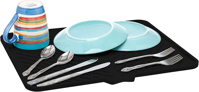 Luxet Silicone Dish Drying Mat with Built-in Drain Lip - Hygienic Drying Pad - Sturdy Compact Easy to Clean Tray Protects Surfaces Prevents Water Build Up -16.5 x 13 Inches (black)