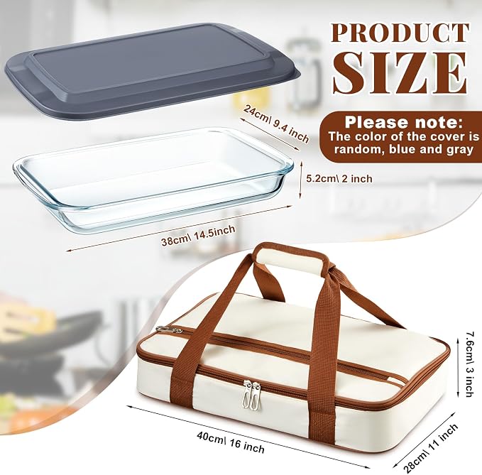FoldTier Glass Baking Dish with Lid Glass Casserole with Carrier 9 x 13 Inch Insulated Bag for Hot Cold Food Deep Casserole Dish for Oven Potluck Party Picnic Cookouts (Beige)