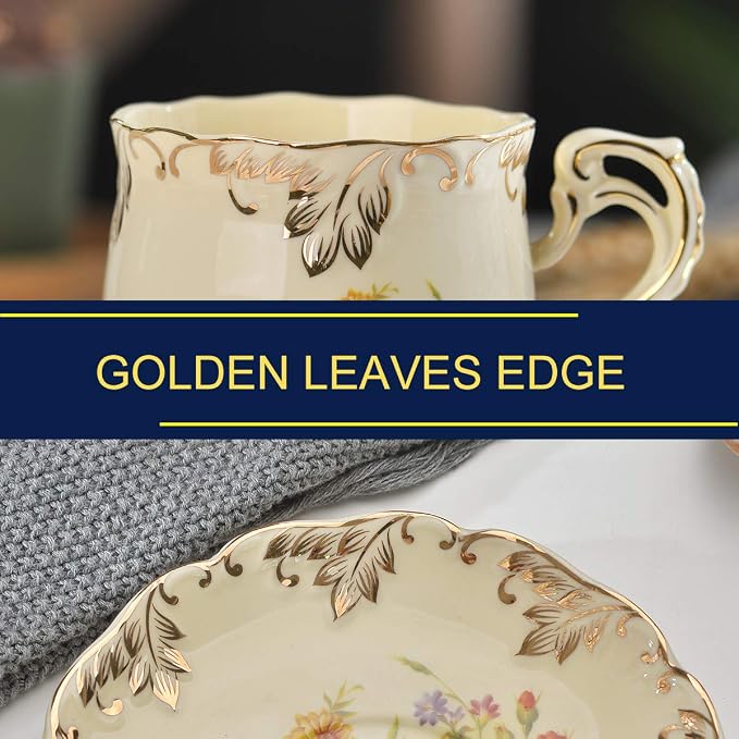 YOLIFE Tea Cup and Saucer Set of 2, 8 oz Vintage Ivory Porcelain Tea Cups Set with Stand, Teacup Saucer Set - Flowering Shrubs with Gold Leaves