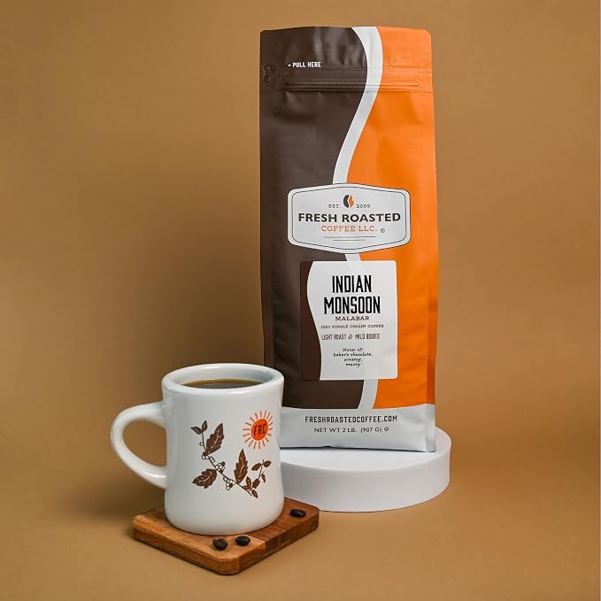 Fresh Roasted Coffee, Indian Monsoon Malabar Whole Bean Coffee, Light Roast, Kosher, 2 lb (32 oz)