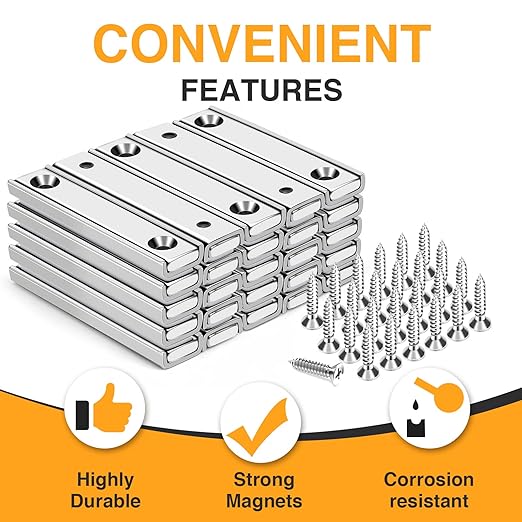 TRYMAG Strong Bar Magnets with Hole, 80 Lbs Heavy Duty Neodymium Rectangular Pot Magnet with Screws for Wall Mounting, 25 Pack Rare Earth Magnets Strips for Garage, Workshop - 60x13.5x5mm