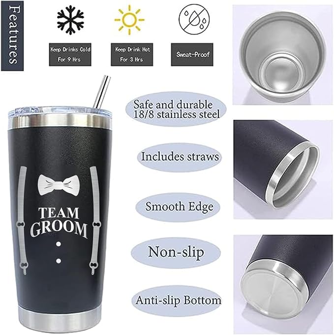 PartyGifts&beyond Groomsmen Gifts, 7Packs Bachelor Party Gifts Tumblers, Team Groom Cups 20 OZ Stainless Steel Tumbler with Lid and Straw for Wedding and Groomsman(Team Groom)