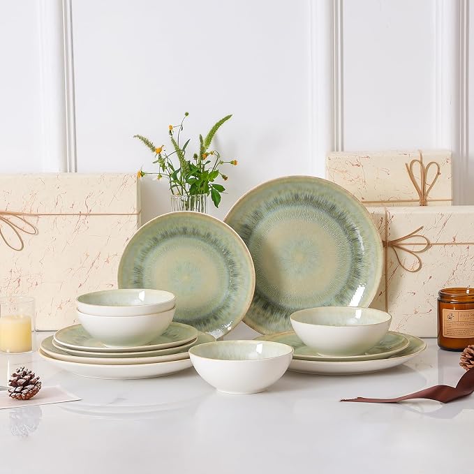 DOMICREVERY Ceramic Dinnerware Sets for 4, 12 Pieces Plates and Bowls Sets, Moss Green