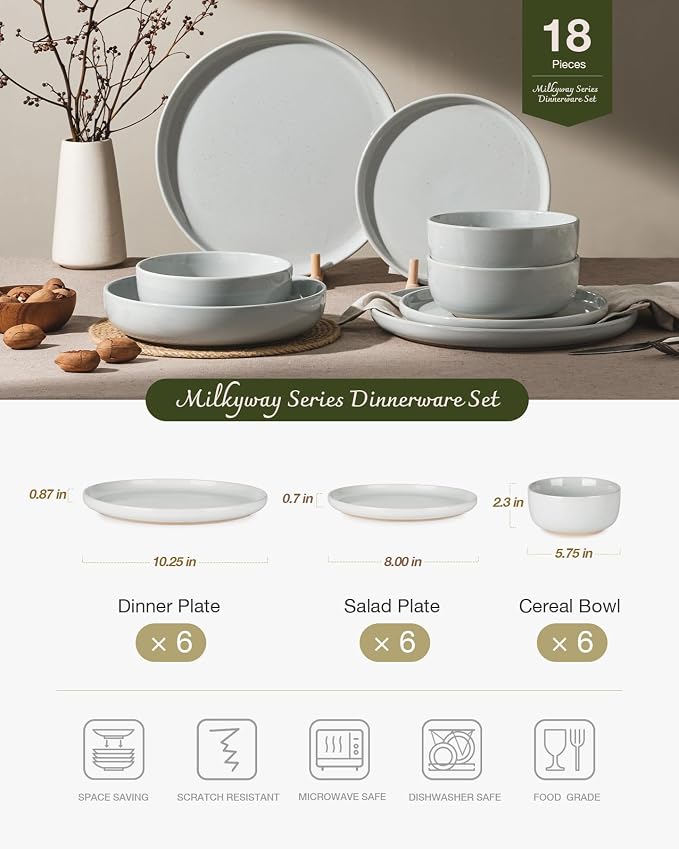 Famiware Milkyway Plates and Bowls Set, 18 Pieces Dinnerware Sets, Dishes Set for 6, Light Gray