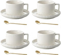 8 Ounce Cappuccino Cups Set of 4, Latte Mugs with Saucers and Spoons, White Cream Ceramic Coffee Mugs Tea Cups for Cappuccino Latte Mocha Au Lait Macchiato Cafe