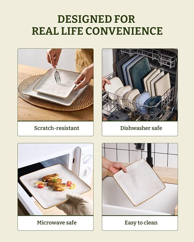 Famiware Dinnerware Sets for 4, Ocean Square 12-Piece Kitchen Plates and Bowls Sets, Reactive Glaze, Microwave and Dishwasher Safe, Scratch Resistant, Cappuccino White