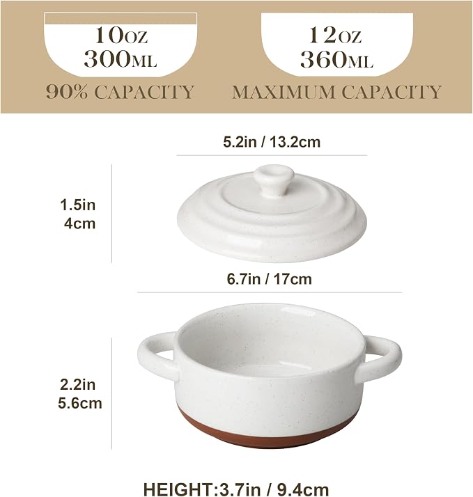 MALACASA Mini Cocotte Set - 12 OZ Small Casserole Dishes for Oven, Ramekins with Lids and Handles, Ceramic Mini Dutch Oven Set of 4, Microwave & Dishwasher Safe, Khaki White, Series TARA