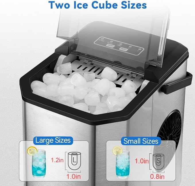 Countertop Ice Maker 26Lbs/24Hours Portable Small Ice Machine Stainless Steel Bullet Ice Machine with Scoop, Low Noise, Compact, Self-Cleaning Mini Ice Maker for Kitchen Office Camping Party