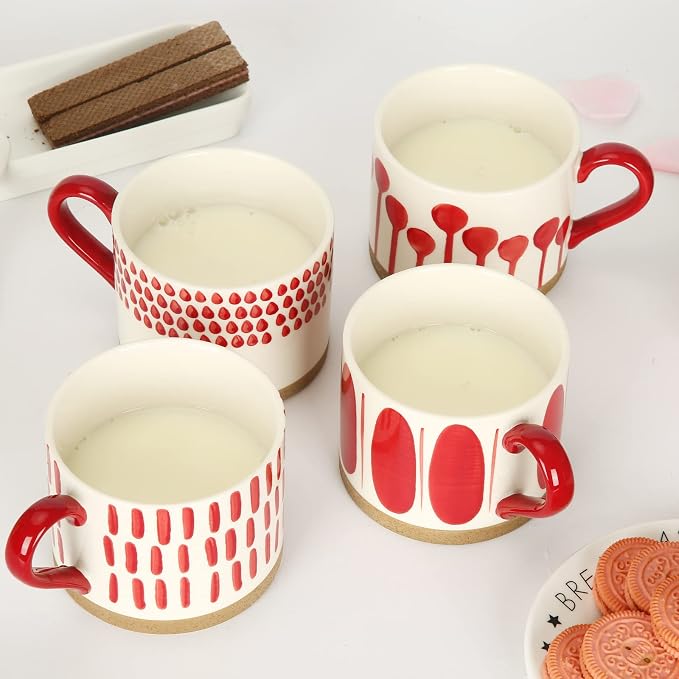 Koja 16 oz Premium Hand Painted Porcelain Ceramic Mug Set, Large Coffee & Tea Mugs, Elegant Decorative Durable Stoneware Microwave Safe Drinkware for Home Kitchen, 4-Pack