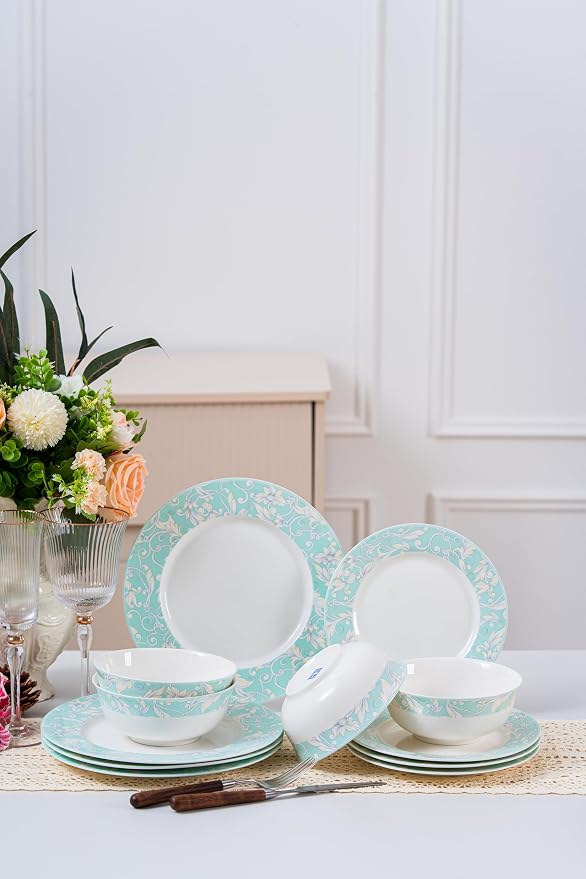 FHGNYSM 12-Piece Ceramic Dinnerware Set, Light Green | Plates and Bowls, Chip and Scratch Resistant, Microwave Safe, Dishwasher Safe, Home Restaurant Use