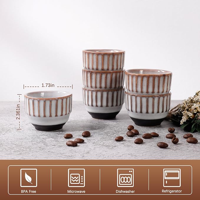 Ceramic Espresso Cup set of 6, One Shot Coffee Cups,Tiny Cofffee Mugs Demitasse for Espresso, Vertical Stripes Espresso Cup Set of 6 (Top Kiln-Gray & Bottom Dark Brown)
