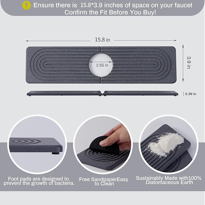 Stone Faucet Mat for Kitchen Sink, Faucet Mat Fast Drying Diatomite, Sink Splash Guard Water Absorbing Stone Tray for Sink, Counter Protector for Kitchen & Bathroom