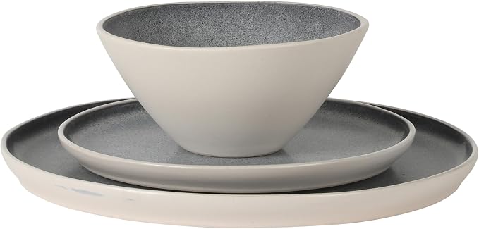 Gibson Elite Coastal Forest Plates and Bowls Sets, 12-Piece Stoneware Dinnerware Sets, Triple Reactive Glaze Dish Set - Grey and Cream White