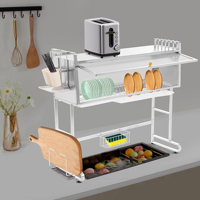 Over The Sink Dish Drying Rack 2 Tier Stainless Steel Dish Drainer Drying Rack 34.25" W Multifunctional Kitchen Organizers and Storage for Dishes, Glasses, Bowls, and Cutlery (Silver)