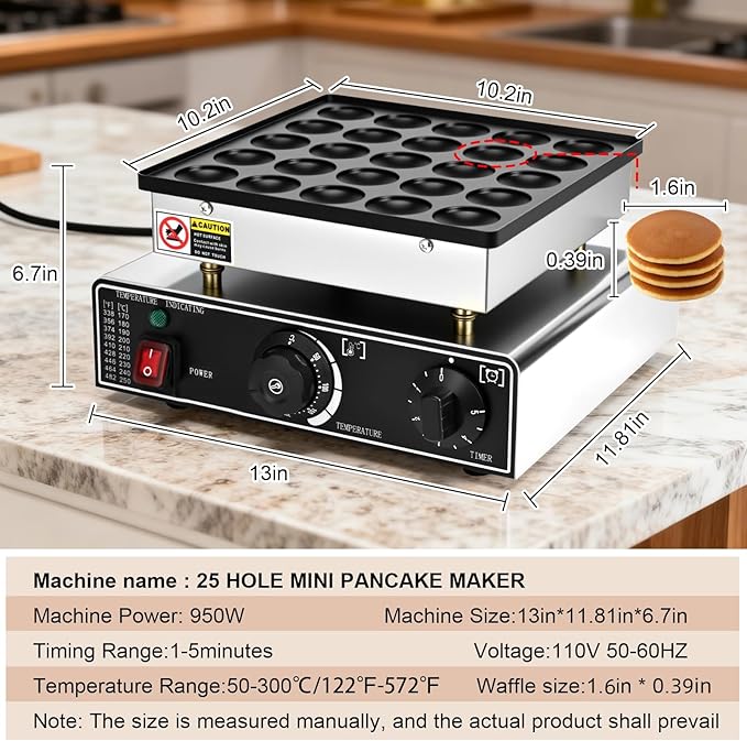 Mini Pancake Maker, 25PCS Mini Dutch Pancake Maker 110V Non-stick Adjustable Temperature Stainless Steel Commercial Pancakes Maker Machine for Home Kitchen Restaurant Snack Dessert