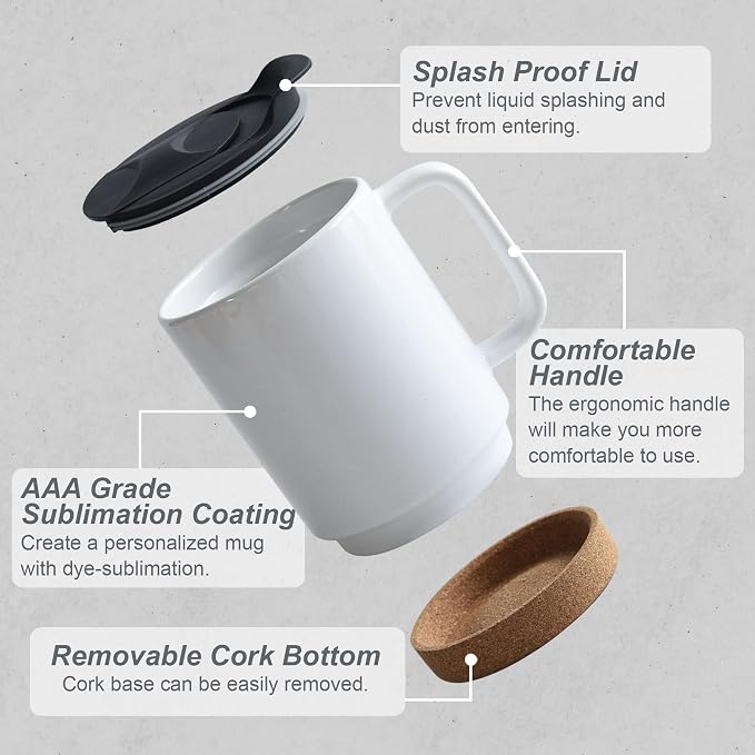 14oz Sublimation Coffee Mugs,Case of 6 Pieces | Removeable Cork Bottom and Splash Proof Lid Mug,with Brown Mail Order Box