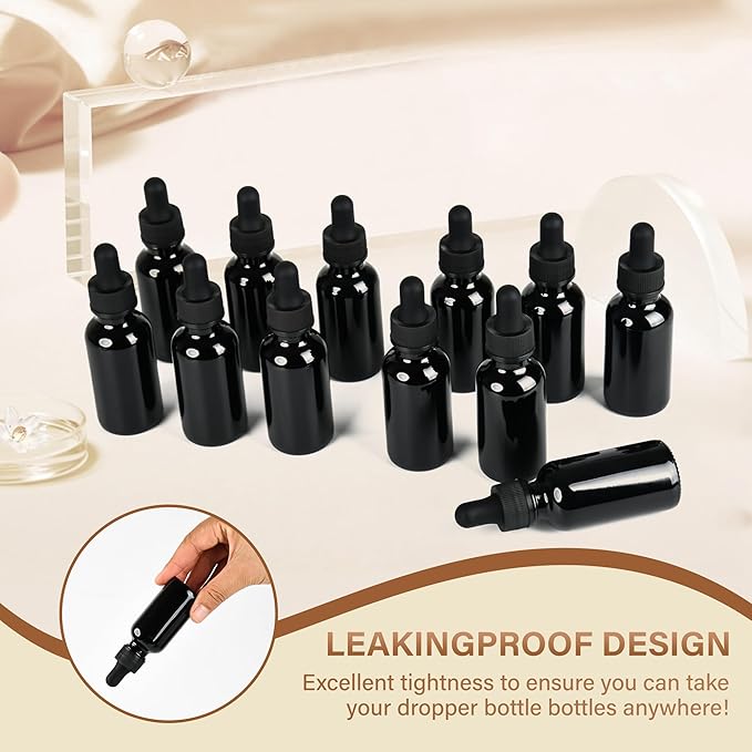 NOOEEISS 12 Pcs, 1oz Black Glass Eye Dropper Bottle, Tincture Bottles with Leak-Proof Design, Stronger Suction, for All Kinds of Mixed Liquids