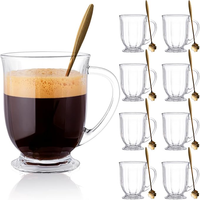 Glass Mug Set of 8, 15 oz Large Capacity Coffee Mugs with Handles, Clear, with 8 Spoons; Ideal for Latte, Espresso, Juice, Tea