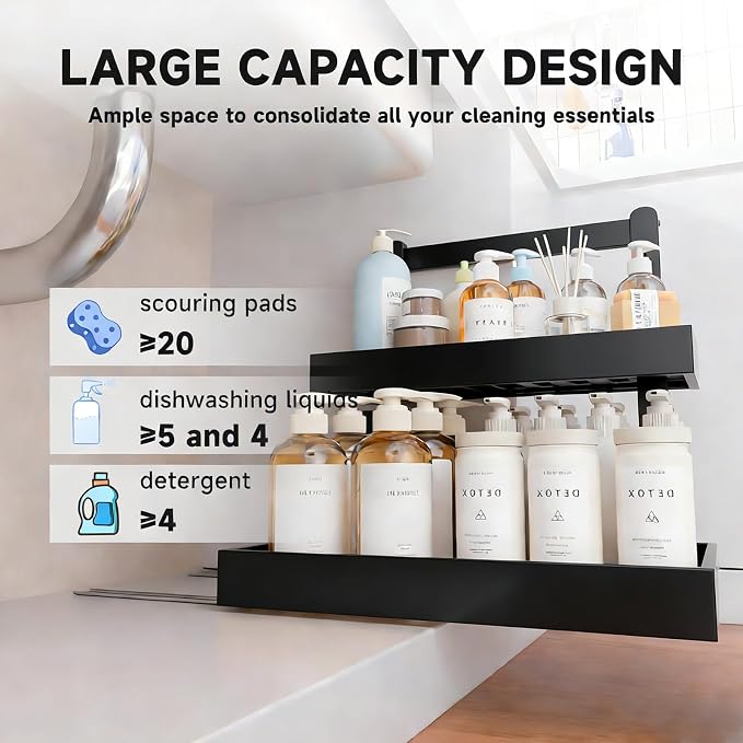 2-Tier Under Sink Pull Out Organizer, Bamboo Cabinet Storage Shelf with Adjustable Height, Slide Out for Kitchen Bathroom Pantry (Black, 2 Packs)