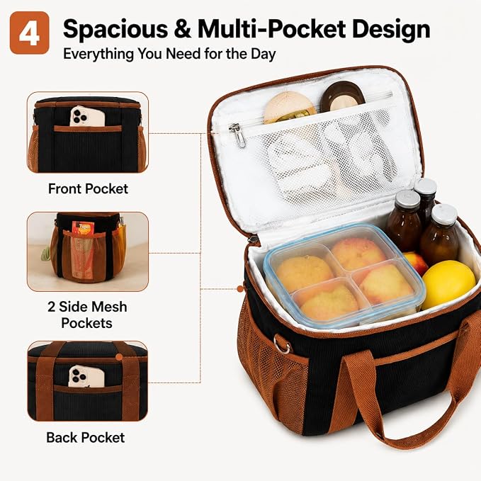 BTOOP Insulated Lunch Box for Women, Cute Corduroy Lunch Bag with Shoulder Strap, Leakproof Wide-Open Lunch Tote for Work, Office, School, Picnic Brown Black