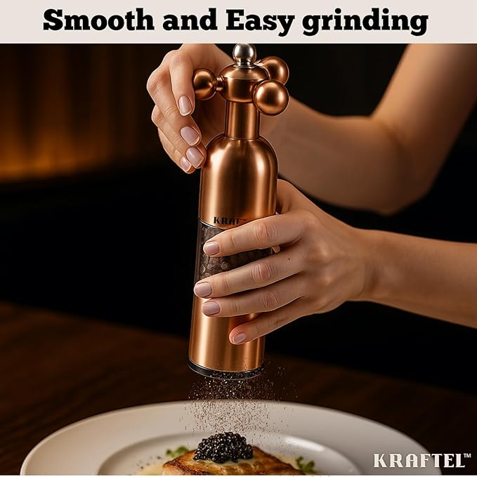 Premium 8" Salt and Pepper Grinder 2PK. Large Peppermill - Refillable, Adjustable Coarse, Antique Stainless Steel Spice Shaker. Clear Acrylic aesthetic - Cute Copper Color Kitchen Gift for Mom