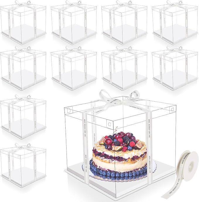 Maxdot 10 Pcs Transparent Tall Cake Boxes 12" x 12" x 10" Large Clear Cake Box with Ribbon Cake Carrier PET Wedding Cake Storage Container Clear Gift Boxes for Party Birthday Dessert Display (Beige)