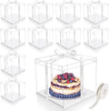 Maxdot 10 Pcs Transparent Tall Cake Boxes 12" x 12" x 10" Large Clear Cake Box with Ribbon Cake Carrier PET Wedding Cake Storage Container Clear Gift Boxes for Party Birthday Dessert Display (Beige)