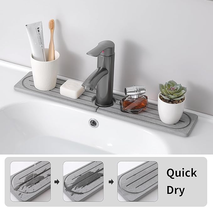 Stone Faucet Mat for Kitchen Sink, Diatomite Fast Drying Absorb Moisture Tray, Prevents Water Buildup, Durable Anti-slip Splash Guard Sink Protector (Dark Gray, 23.7"x4")