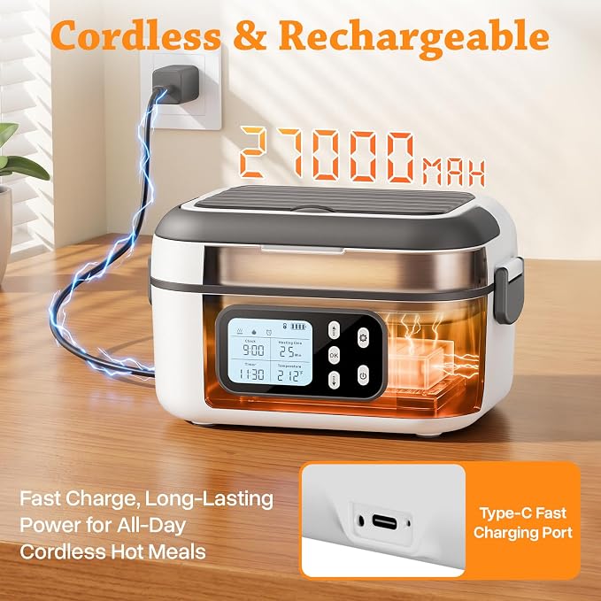 SOUOA Cordless Heated Electric Lunch Box for Adults with Automatic Heating, 100W Portable Food Warmer Battery Powered with Scheduled Heating, 6.3 Cup Food Heater for Men/Work/Office/Car/Truck (White)
