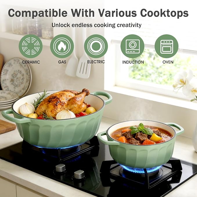 Enameled Dutch Oven Pot with Lid, 7 QT Cast Iron Dutch Oven with Dual Handles, Oval Dutch Oven for Cooking, Bread Baking, Frying, Non-stick Enamel Coated Oven (Pistachio Green)