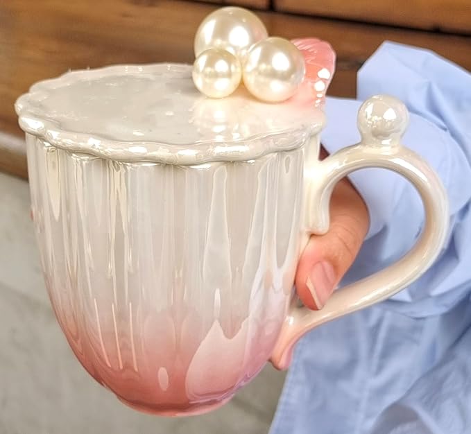 Pearl Ceramic Coffee Mug for Tea Latte Milk Cute Love Shape Cup for Home Office Women Gift 6.5 oz (Shell Pearl Gradient Blue, 420 ml)