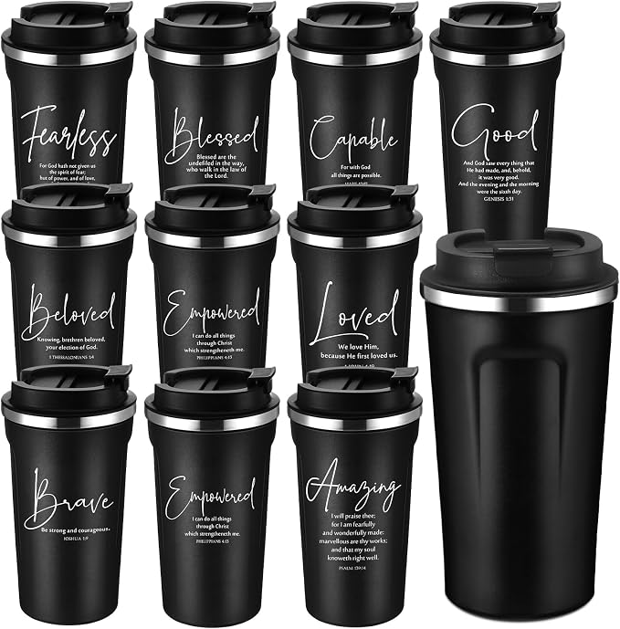 Meanplan 10 Set Father's Day Christian Gift Bible Verse Tumbler Bulk 17oz Coffee Cup Religious Jesus Tumbler Inspirational Mug for Men Father Church Holy Week Teacher Pastor (Black, Bible Word Style)