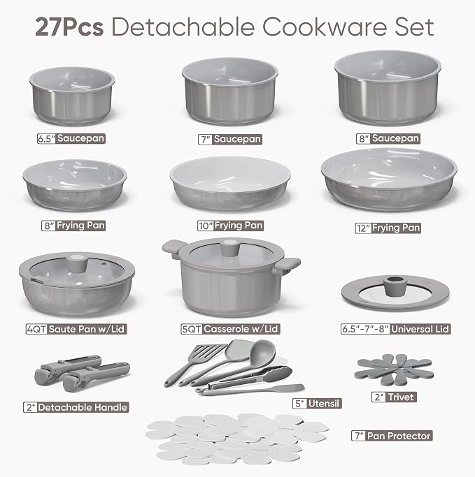 CAROTE 27pcs Ceramic Cookware Set Nonstick, Pots and Pans Set Non Stick, Non Toxic Cookware Detachable Handles, Dishwasher/Oven Safe, RV/Camping Cookware with Kitchen Utensils, Gray