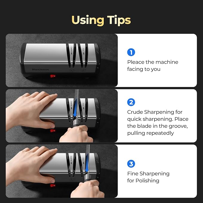 Narcissus Knife Sharpener, Protable Diamond Electric Knife Sharpener for Stainless Steel and Ceramic Knives, with Scissors Sharpener & Metal Dust Collection Box, Quick Sharpening & Polishing, Silver