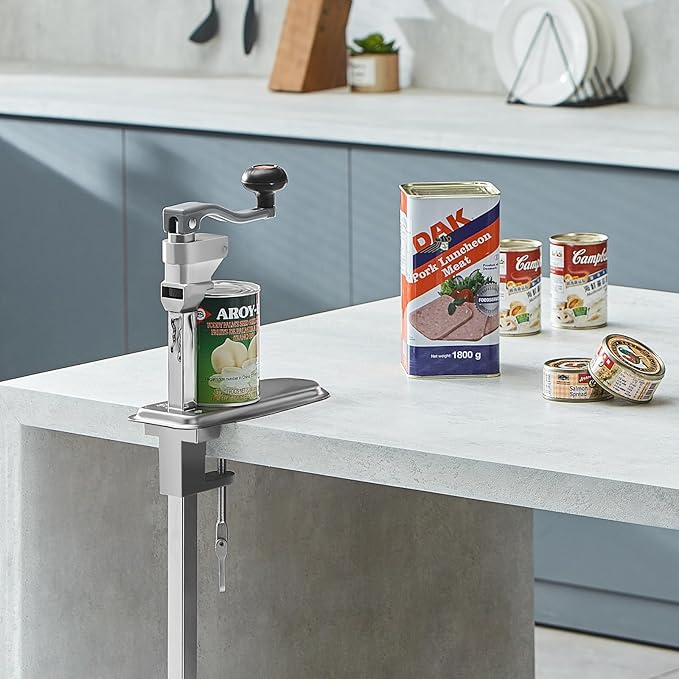 VEVOR Commercial Can Opener, 23.2"/59cm Long, Stainless Steel Manual Table Can Opener for Up to 15.7"/40cm Tall, Fixed with Clamp or Screws, Ergonomic Swing Handle & One Spare Knife, for Restaurants