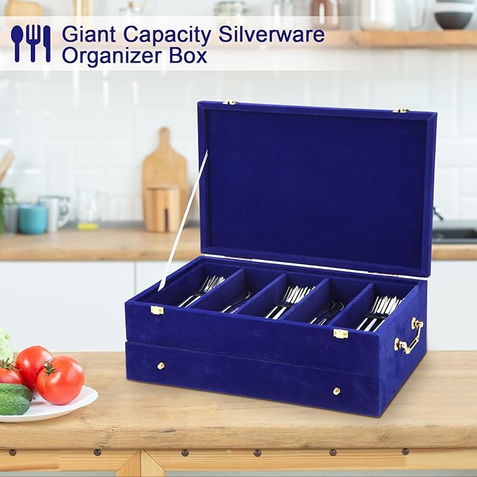 Pickmesh Silverware Case with Lid and Handle, Silverware Storage Box Sterling Silver Flatware Chest Without Silver Tarnish Proof Utensils Organizer for Kitchen Decor Wedding Gifts (Royal Blue,2 Layer)