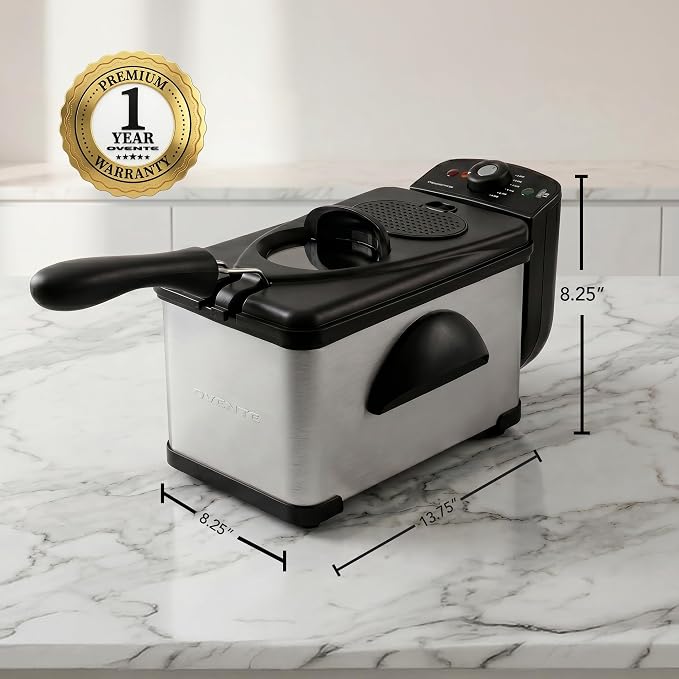 OVENTE Electric Deep Fryer 2 Liter Capacity, 1500 Watt Lid with Viewing Window and Odor Filter, Adjustable Temperature, Removable Frying Basket and Easy to Clean Stainless Steel Body, Silver FDM2201BR