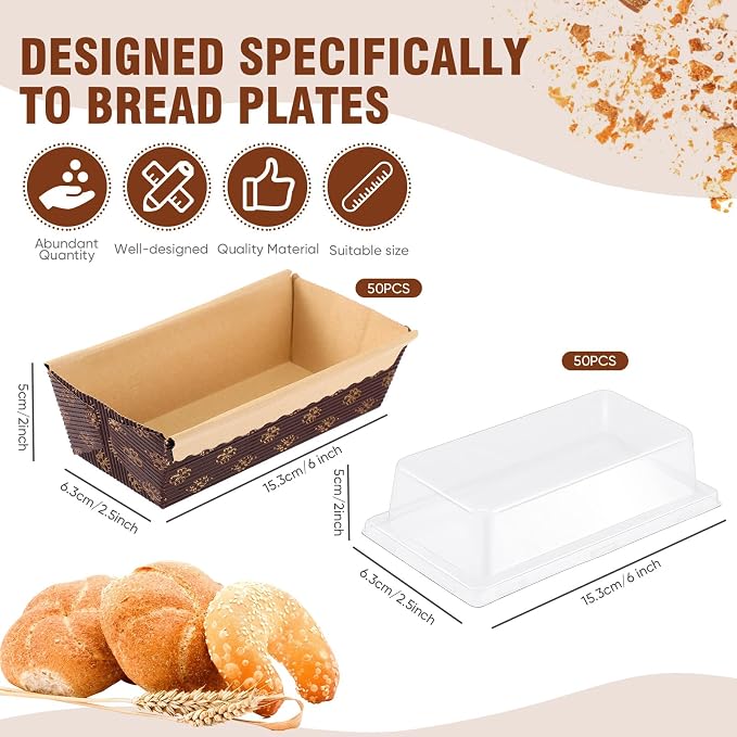 Sabary 50 Pcs Paper Baking Loaf Pan with Lids Disposable Paper Pans Mold for Christmas Winter Birthday Cake Bread Bakery Holiday Gifts(5.91 x 2.48 x 1.94 Inches)