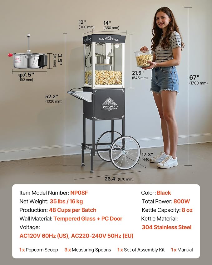 VEVOR Popcorn Machine with Cart, 8oz Stainless Steel Kettle, 800W Commercial Popcorn Maker, 48 Cups per Batch Theater Style Popper, with 2-Button Control Glass Wall PC Door 1 Scoop 3 Spoons, Black