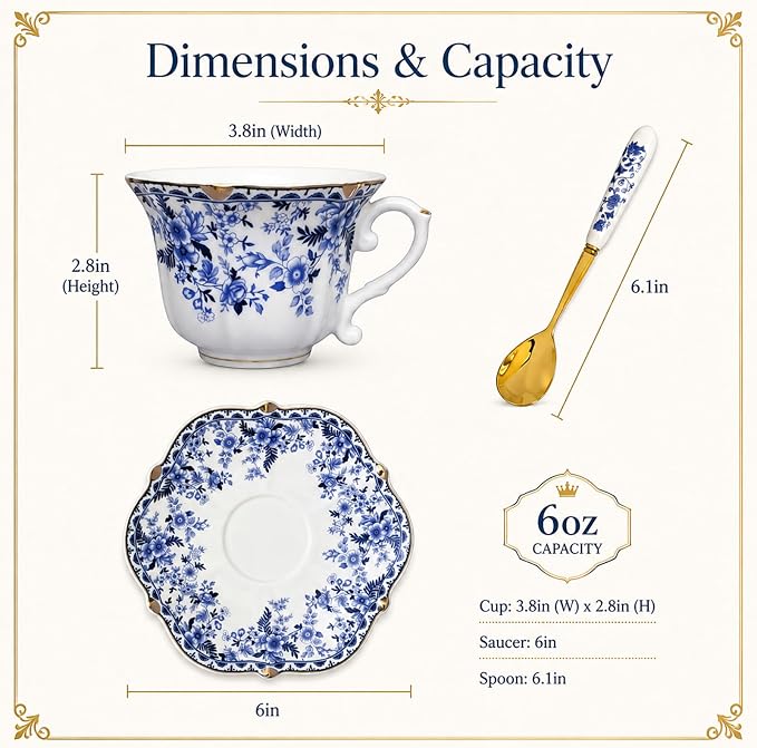 Noviko Porcelain Tea Cup and Saucer with Spoon Vintage Floral Teacup, 6 oz | Set of 2, Scalloped Edge Cup, Elegant Gift, Suitable for Afternoon Tea, Cappuccino, Espresso, Coffee