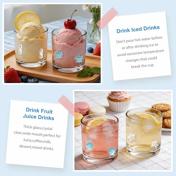 4 Pcs Summer Ocean Icon Glasses Set, 14oz Aesthetic Shell Starfish Seahorse Turtle Glass Cup Icon Stemless Coffee Cocktail Glassware Cup for Party Supplies Gift (Ocean)