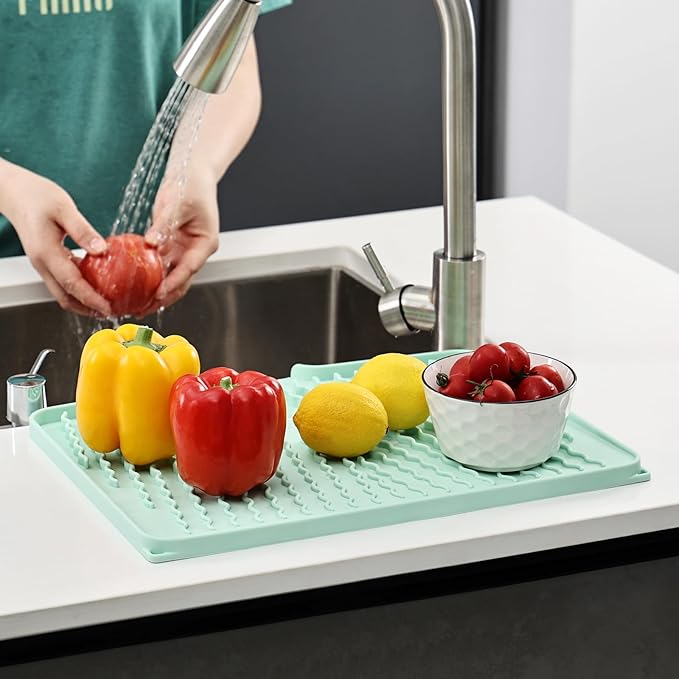 Silicone Dish Drying Mat for Kitchen Counter, Heat-resistant Dish Dryer Mat with Built-in Drain Lip ,Drain Pad Protects Surfaces Prevents Water Build UP (23.6" x 15.7", Mint-1pcs)