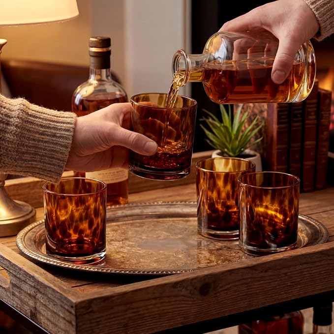 Honeydak Set of 4 Tortoise Leopard Print Brown 10.15 oz Rocks Glasses Stylish Stemless Cocktail Cups Glass Glassware Tumbler Ideal for Gin, Tequila, Vodka, Soft Drinks